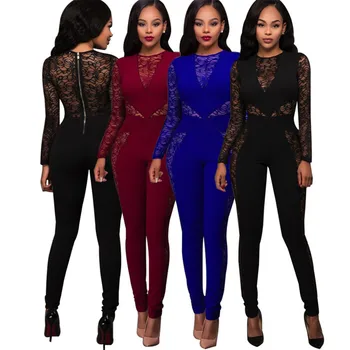 

Women Sexy Black Lace Jumpsuits Long Sleeve Jumpsuit Playsuits Party Club wear one-piece