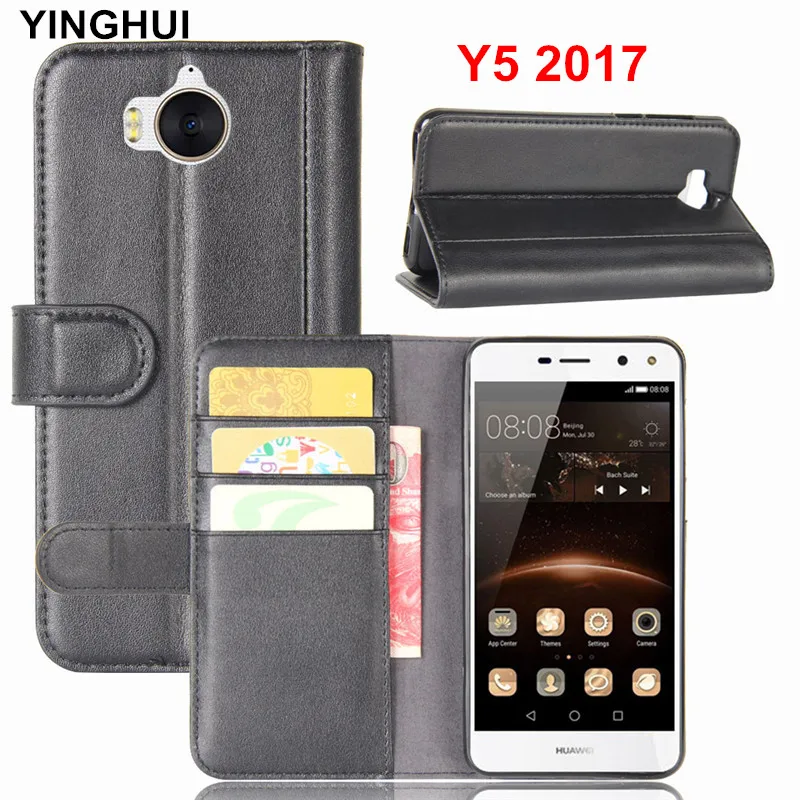 Genuine Leather Case for Huawei Y5 2017 Cover with Card Slot Holder Stand Wallet Flip Fundas Coque | Мобильные телефоны и