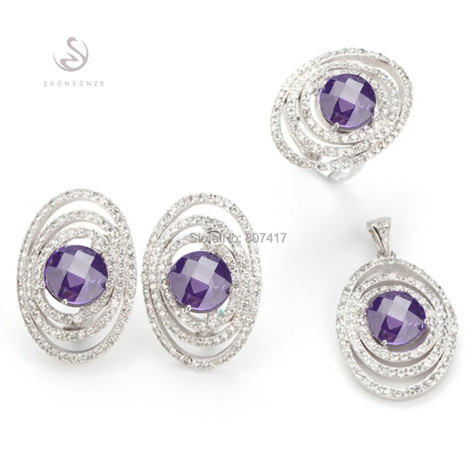 

SHUNXUNZE Low price Punk Purple Cubic Zirconia Silver Plated heart set casual fashion (ring/earring/pendant) R3263set sz6 7 8 9