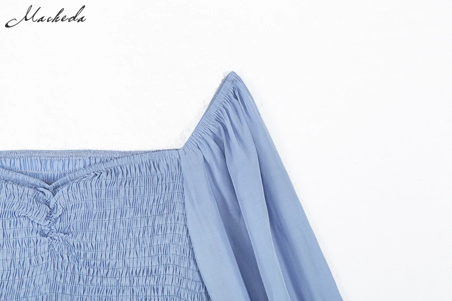 Macheda Женская гофрированная блузка топ с длинным пышным рукавом с маленьким V-образным декольте