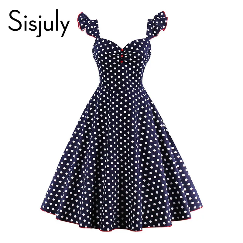 Buy Cheap Sisjuly vintage dress women 1950s spring elegant dots button butterfly sleeve party dress summer v neck women vintage dresses