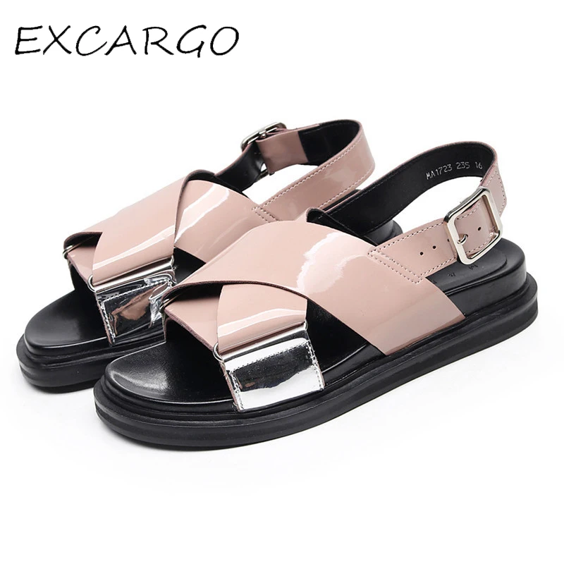 EXCARGO Women Casual Sandals Genuine Leather Solid Shoes Buckle 2019 Summer Fashion Gladiator Rubber Sandals For Women 34-40