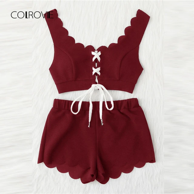 COLROVIE Lace Up Front Scalloped Trim Crop Top And Shorts PJ Set Summer Scoop Neck Sleeveless Pajama Set Casual Sleepwear