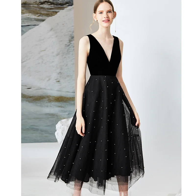 Black Sexy Deep V-neck Dress with Slender Nail Bead Mesh Long Elegant  dresses woman party night maxi dress