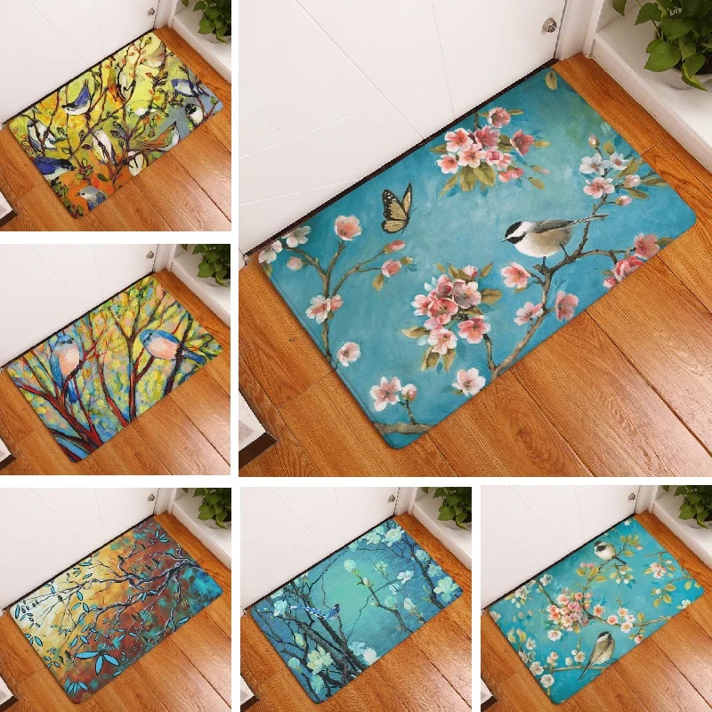 2017 Fashion Door Mat Bird Painting Suede Living Room Floor Mat 50x80cm Bathroom Carpet Toilet Rugs Home Decoration Wholesale