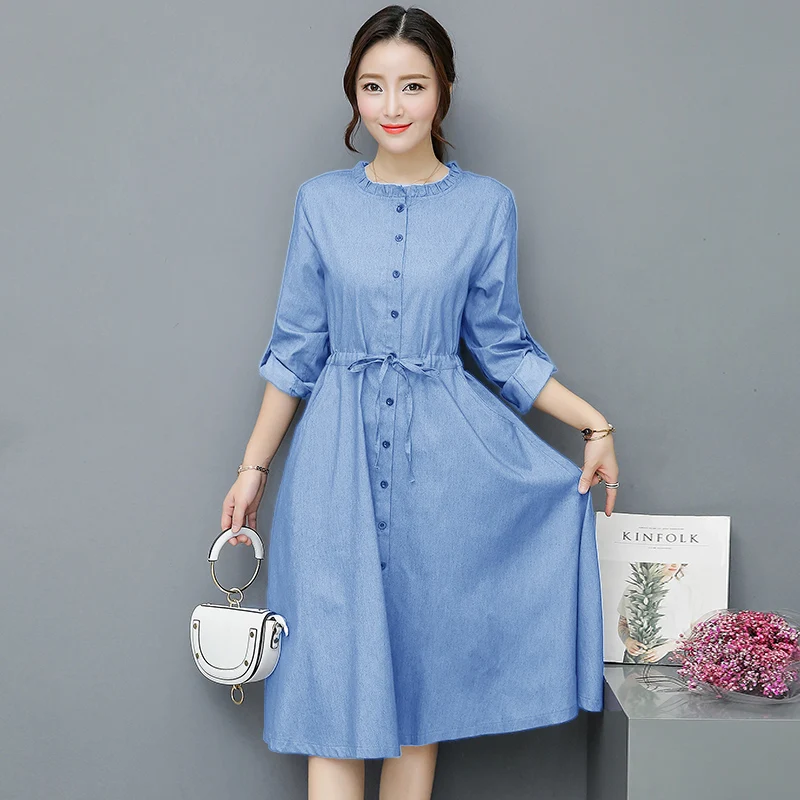 

2018 Spring and Autumn waist denim dress women Slim single-breasted long-sleeved round neck casual jeans dress female