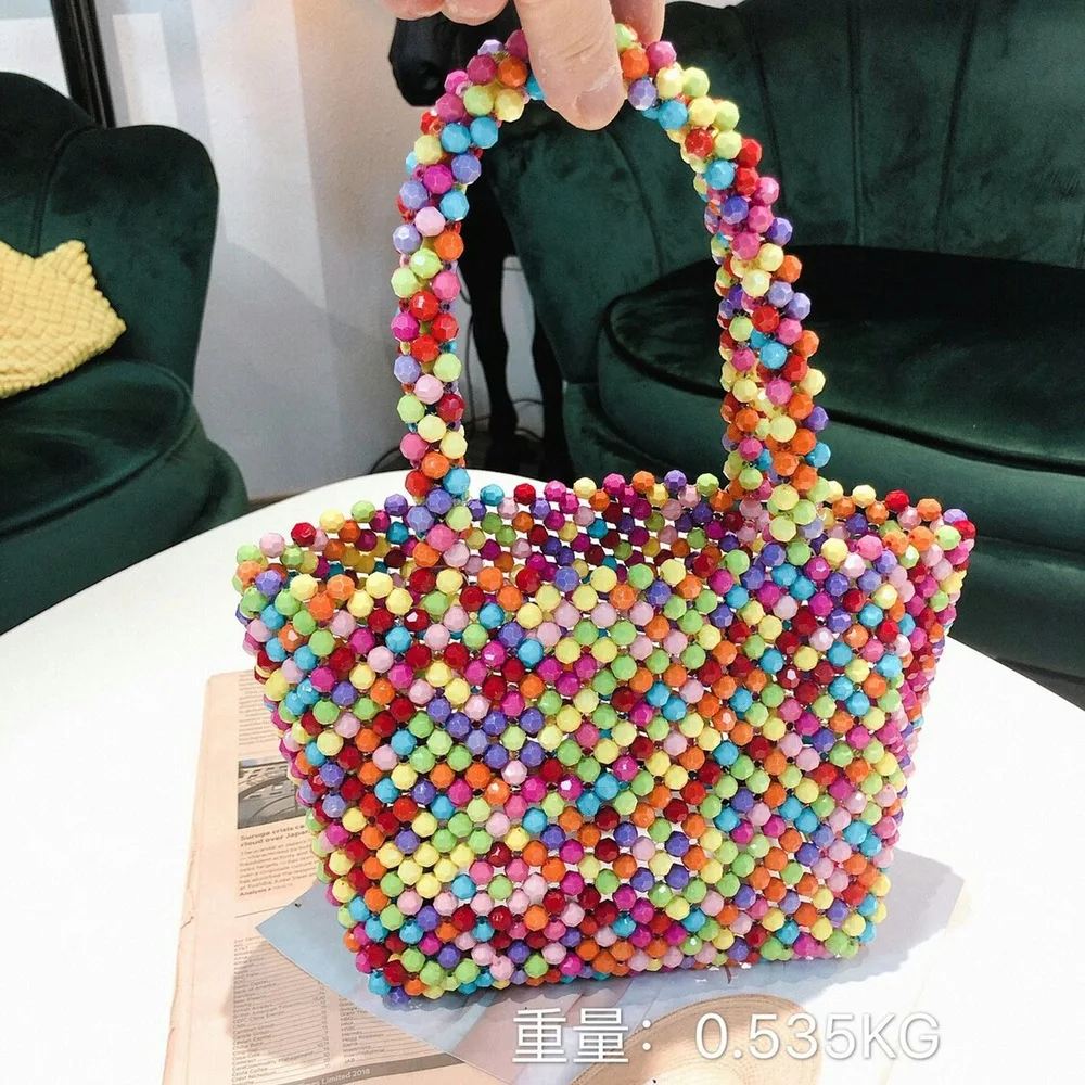 

The New Summer 2019 Holiday Dinner Pearl Bag Handmade Beaded Acrylic Color Woven Bag Handbag