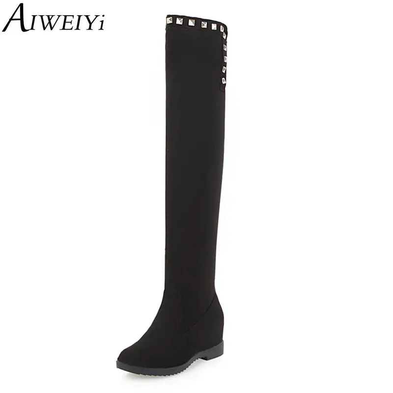 

AIWEIYi Over the Knee Boots for Women Black Flock Wedge Heel High Heels Knee High Boots Rivets Long Boots Motorcycle Botas Shoes