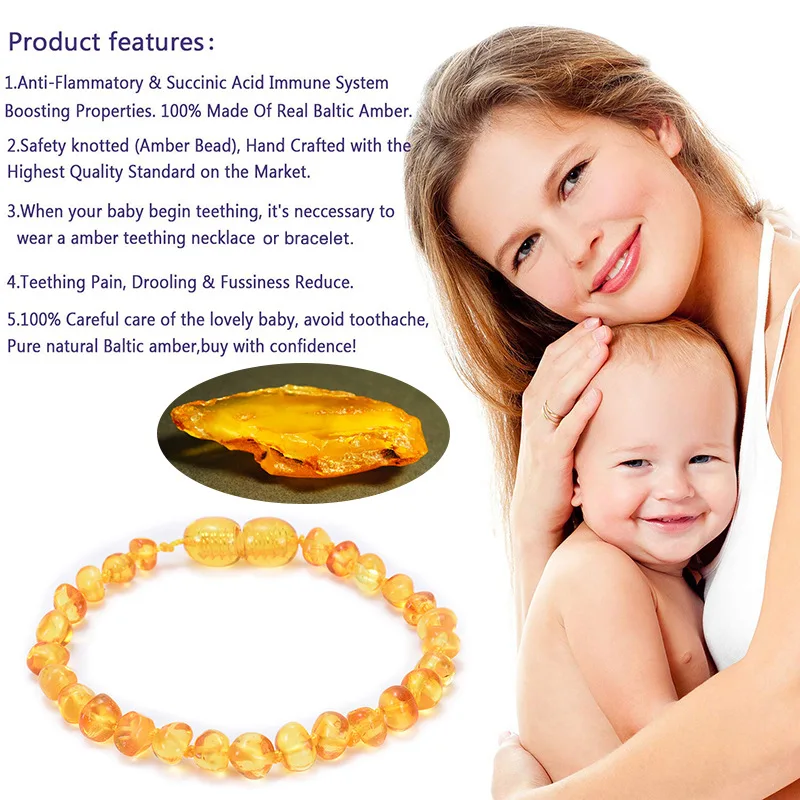 Natural Amber Teething Bracelets Anklets Teether Handmade Original Jewelry Baltic Amber Beads for Baby Shower Gift Wholesale