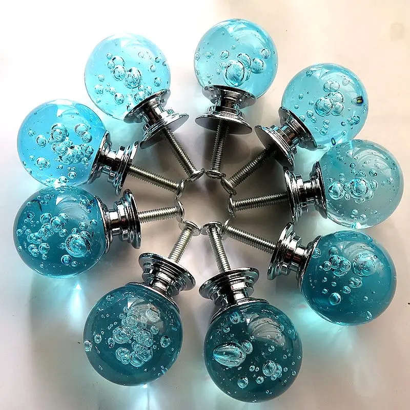 10pcs/lot 30mm Blue Round Shape Crystal Glass Pull Handle Cupboard