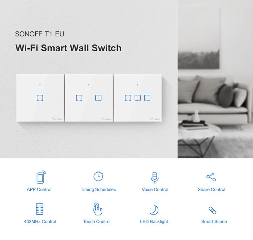 Sonoff T1 ЕС Smart Wi-Fi стены сенсорный выключатель света 1 Gang 2-местная Wifi/RF 433/APP дистанционного контроллер для умного дома работать с Alexa