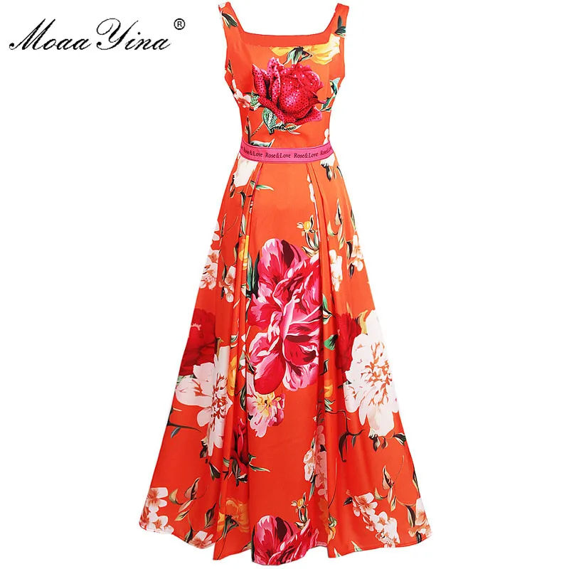 MoaaYina, модное дизайнерское подиумное платье, летнее, женское, на тонких бретелях, с цветочным принтом розы, с бисером, повседневное, праздничное, элегантное, макси платье - Цвет: Кораллово-Красный