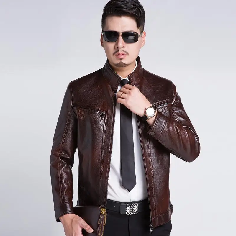 Msaiss мужские кожаные куртки высокого класса, мужская кожаная куртка с воротником, мужские мотоциклетные кожаные куртки M-XXXL - Цвет: Коричневый