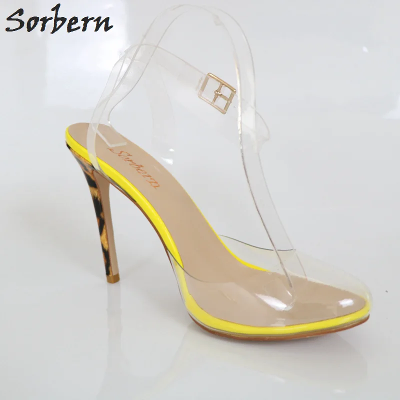 Sorbern/желтые блестящие прозрачные туфли-лодочки из ПВХ с ремешком на лодыжке; женские милые туфли с круглым носком на пятке; женские туфли на выпускной; обувь на каблуке; ; Размер 11