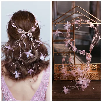

Super Fairy Pink Crystal Beads long brides headbands earrings sets Aesthetic Romantic women tiara Wedding hair jewelry