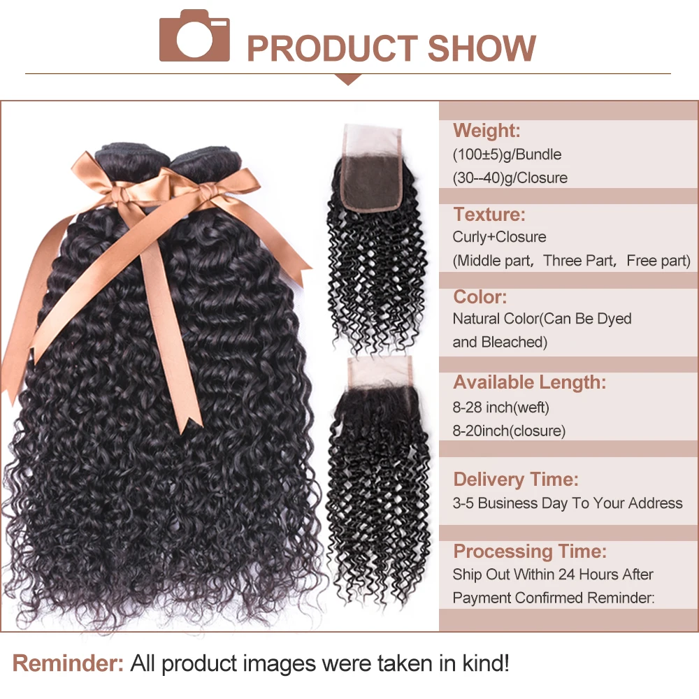 BEAUDIVA Brazilian Hair Weave Bundles Remy Hair Bundles 1&3Pcs With Closure 4*4 Kinky Curly Bundles With Closure Hair Extension