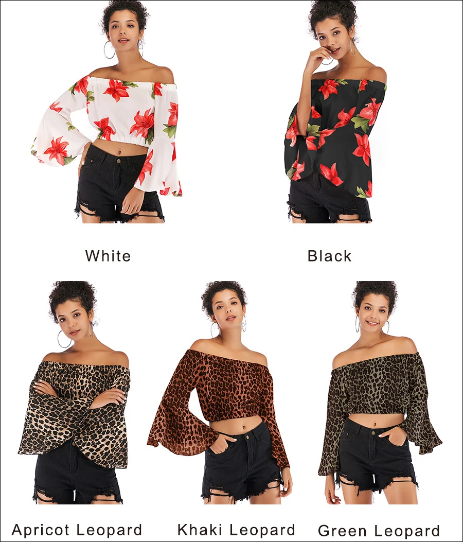 Gladiolus Off Shoulder Spring Autumn Blouse Women 2019 Flare Sleeve Sexy Leopard Print Crop Top Shirt Women Blouses Ladies Tops (40)