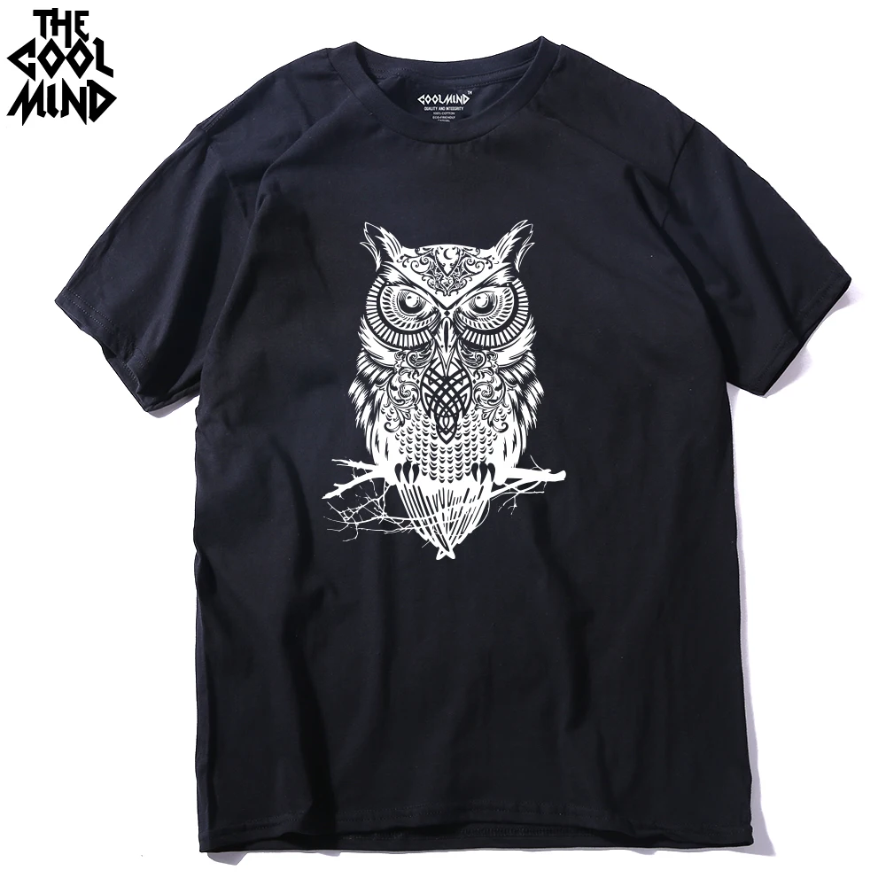 

THE COOLMIND top quality cotton casual short sleeve casual o-neck loose OWL printed men T shirt