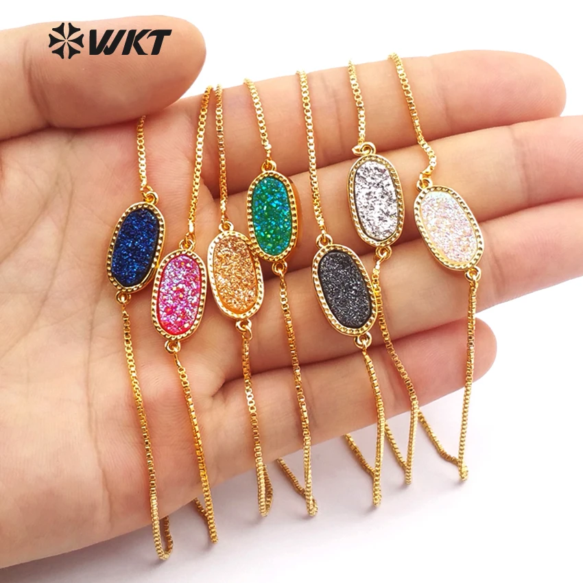 WT-B397 трендовый натуральный камень браслеты многоцветные опционально овальной формы разъем и золотой цвет цепи для девушек браслеты