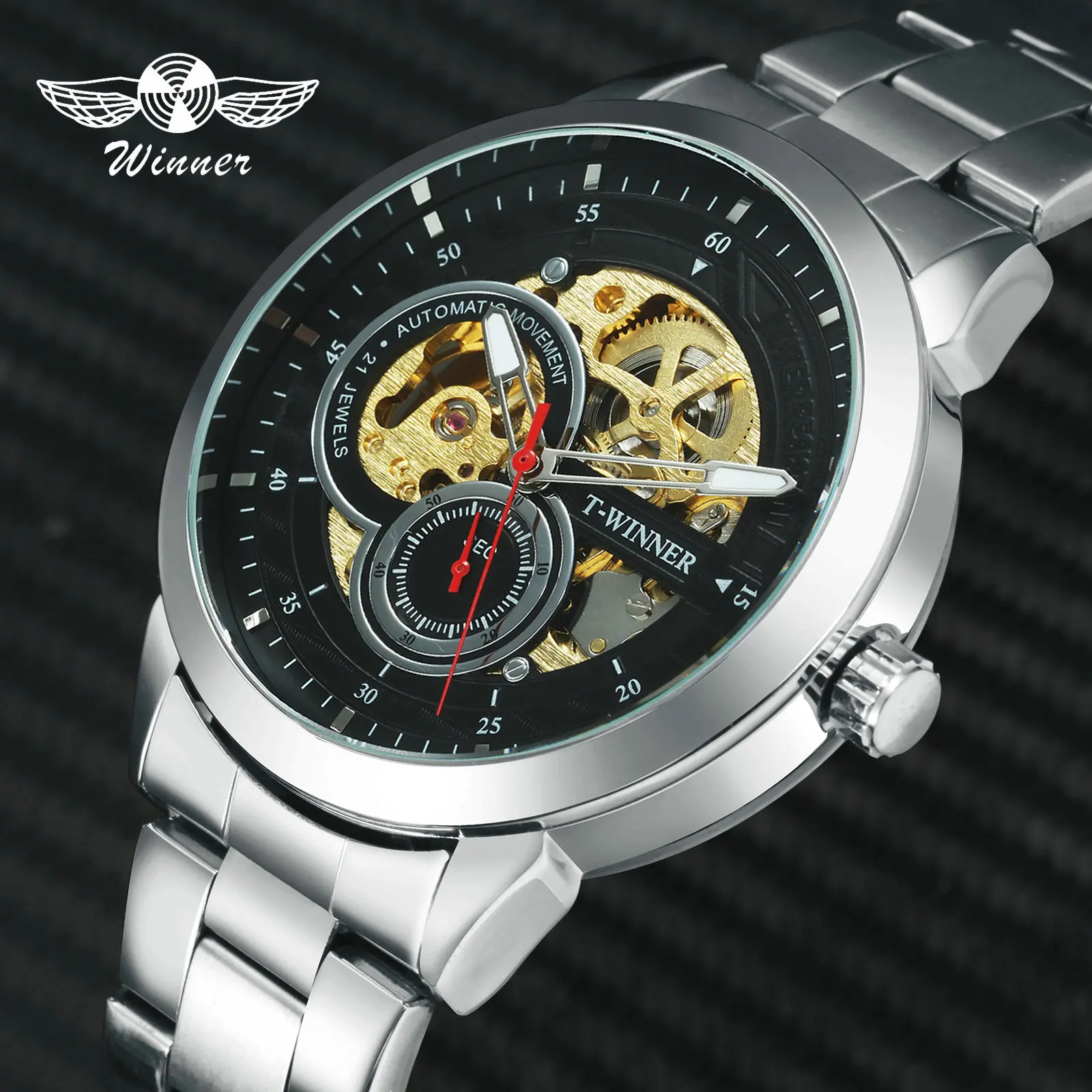 

2019 Men Sports Watches Skeleton WINNER Automatic Gold Watch Mechanical Casual Dress Clock Stainless Steel Strap Wristwatch Mens