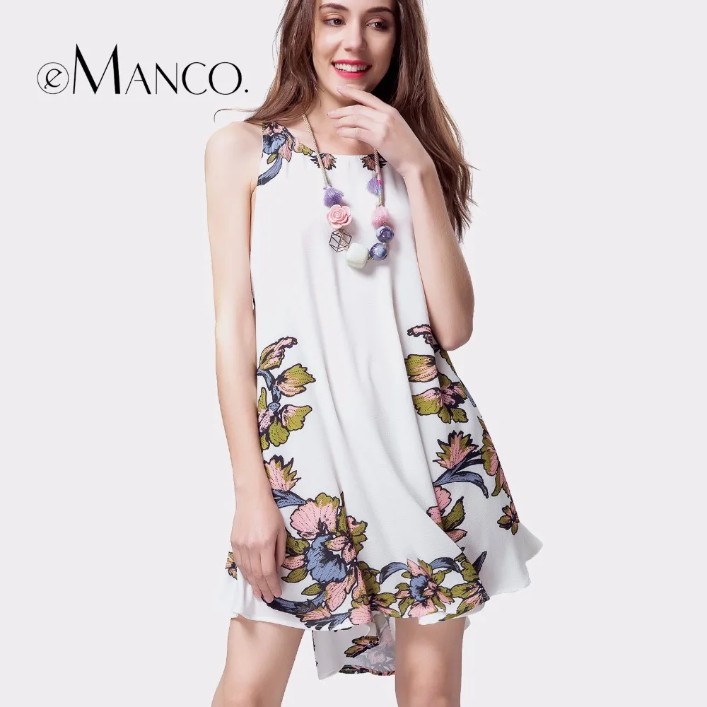 e-Manco Floral Beach Boho White Sexy dress Novelty Backless Strap hollow out Irregular Print Mini Dress women dress summer