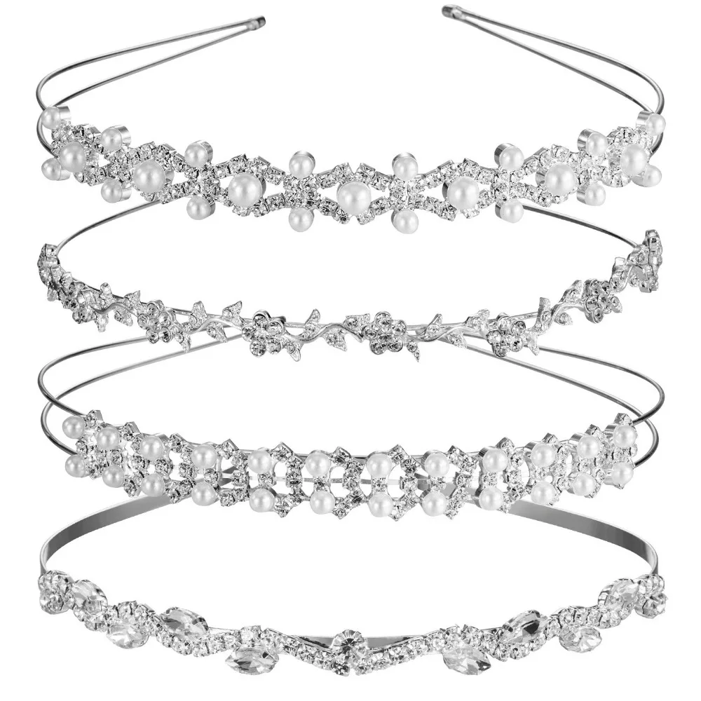 TecUnite 4 Pieces Wedding Party Crystal Flower and Leaves Crown Headband and Women's Faux Pearl Rhinestones Headdress for Bride Bridesmaids (Style Set 1) (6)