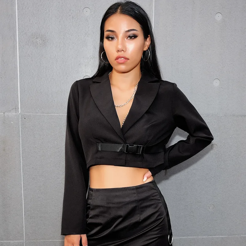 

2019 autumn new suit jackets female sexy V-neck exposed navel long-sleeved T blazer woman coat