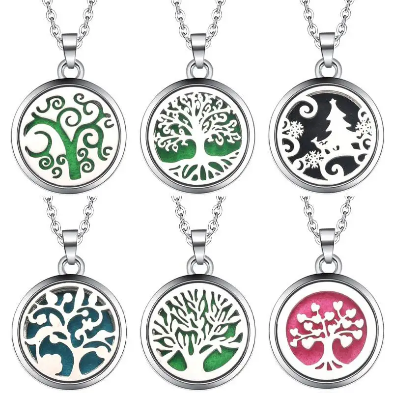 Tree of Life Essential Oil Diffuser Locket Pendant Necklace with Volcanic Beads