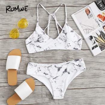 Romwe Спорт черный и белый сексуальный мраморный принт полиэстер корейский комплект бикини для женщин 2018 пляжные пикантные купальники для