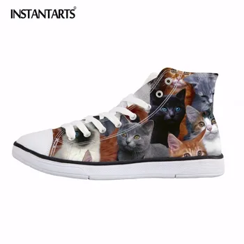 

INSTANTARTS Men's Vulcanize Shoes Comfort High Top Canvas Shoes Cat Puzzle Design Sneaker Shoes Fashion Flat Shoe Lace Up Flats