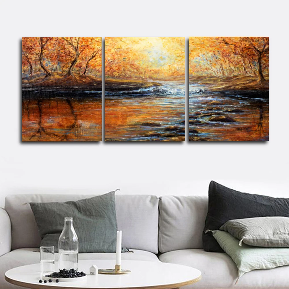

Laeacco Forest Sunrise River Outside Posters and Prints Abstract Living Room Home Decor Paint On Canvas Painting Nordic Wall Art