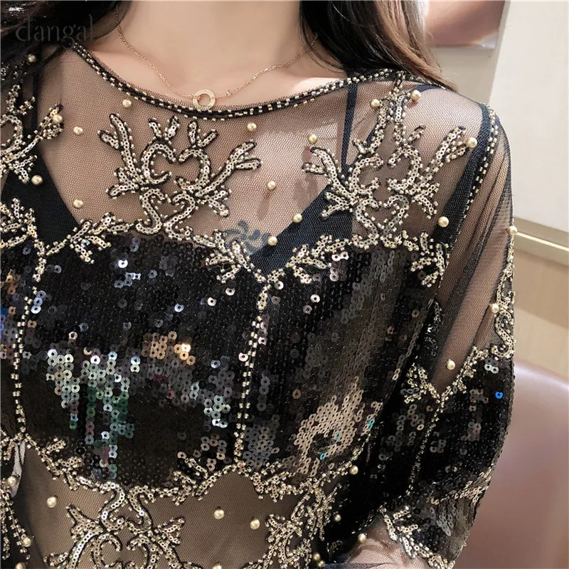 Dangal Sequin Luxury Women Dress Hip Hop Bling Heavy Beading Dress Women Dress Long Sleeve Sexy See-though Dresses For Party