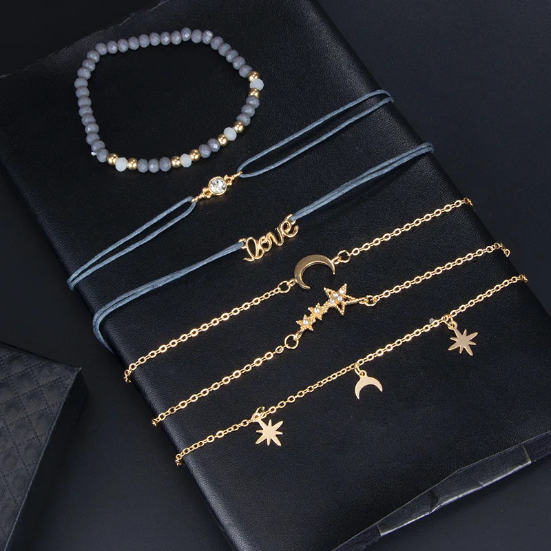 Crystal Bracelets Tocona Boho Love Moon Bracelets for Women Charms Bead Gold Color Star Clear Crystal Stone Letter Rope Jewelry Accessories 6523