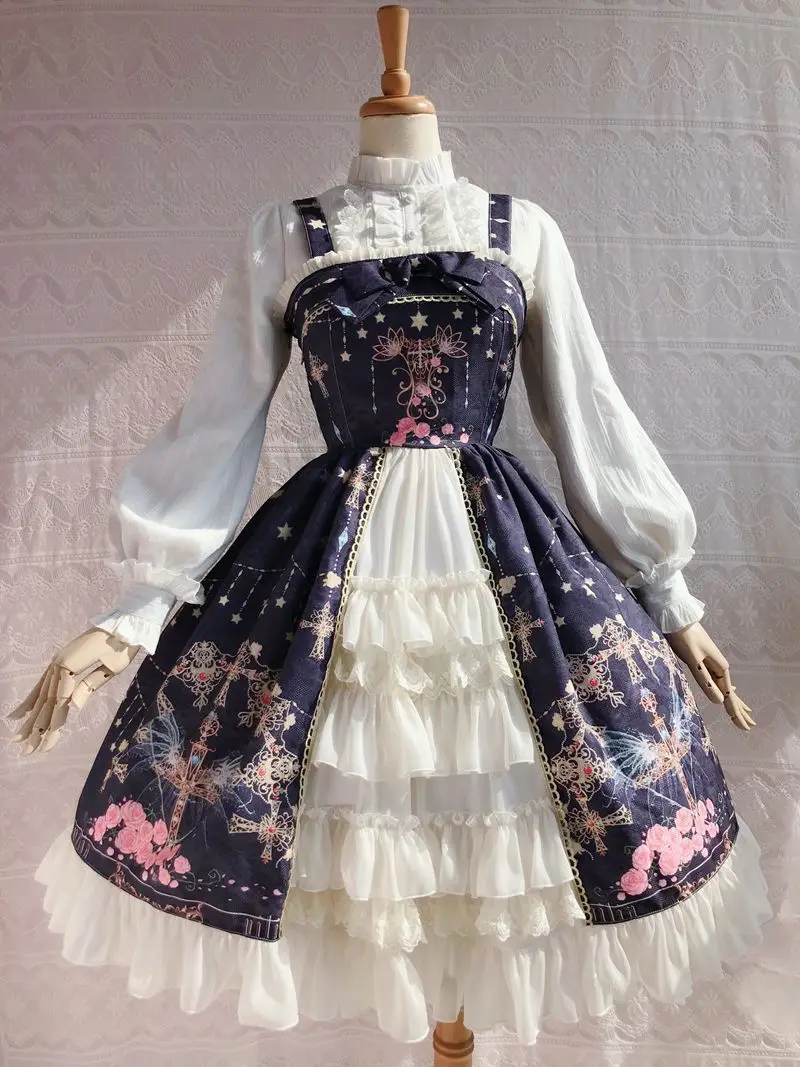 Сладкий крест и цветок печатных рукавов Лолита JSK платье размера плюс вечерние платья Феи Yiliya~ предзаказ