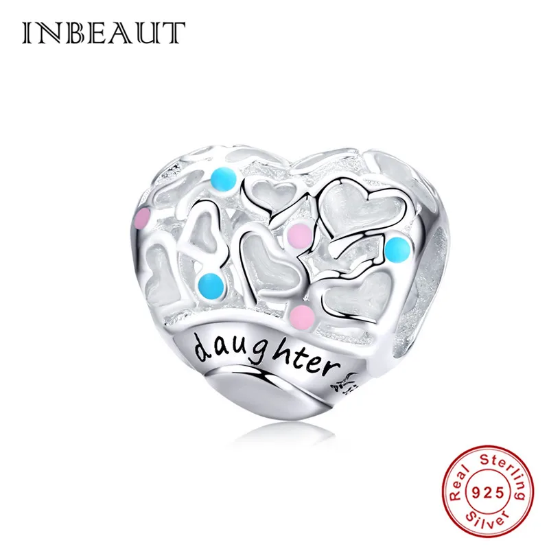

INBEAUT 100% Real 925 Sterling Silver Cute Gift of Love Daughter Letter Beads fit Pandora Bracelet Blue&Pink Heart Beads Pendant