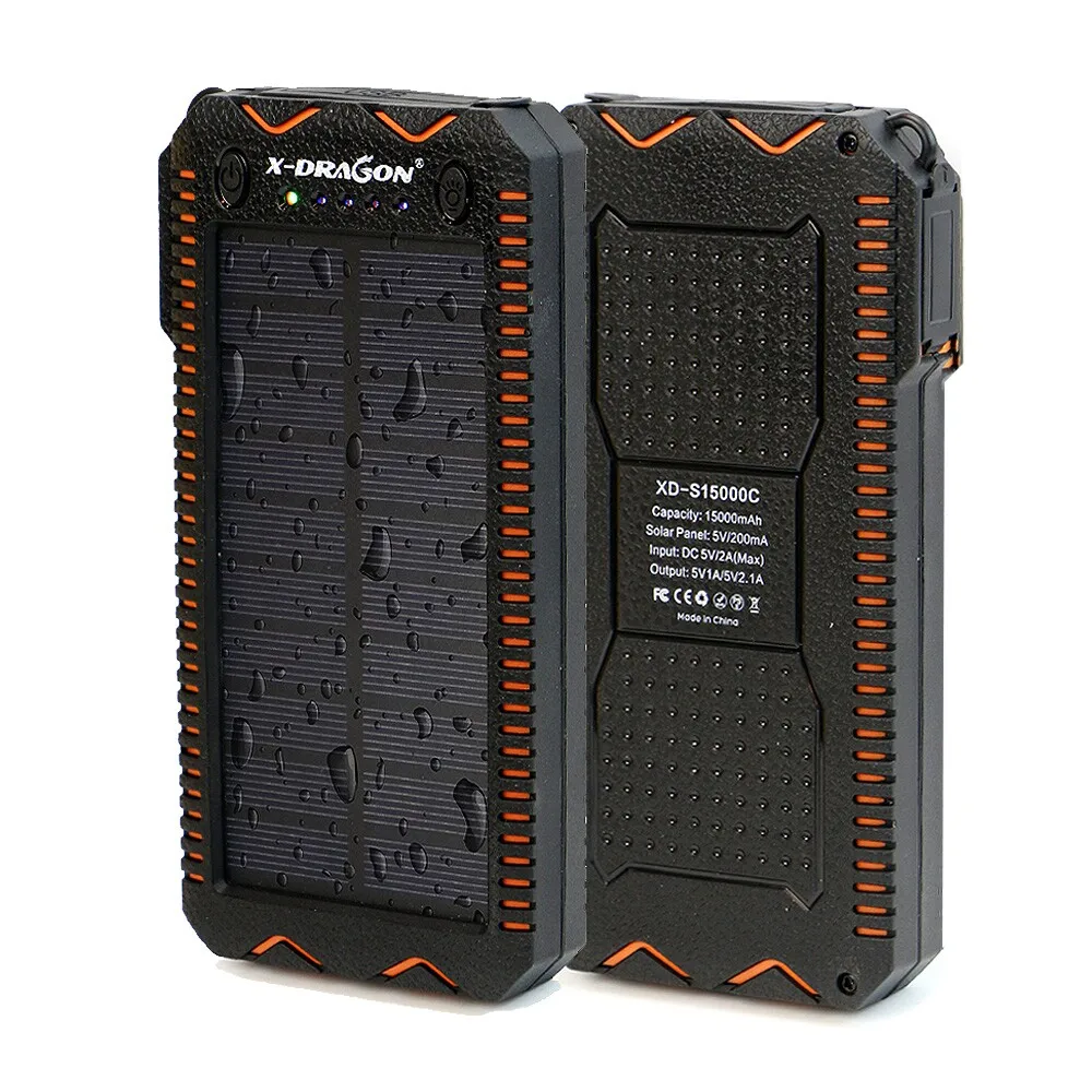 15000mAh Solar Power Bank Portable External Battery Solar Powerbank Charger with Electric Cigarette Lighter for Smart Phone