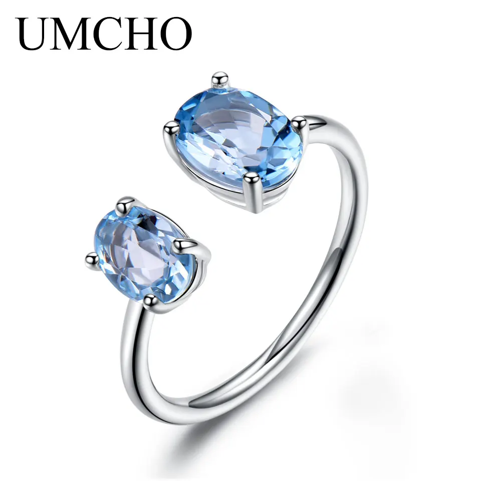 UMCHO 10.7ct Natural Sky Blue Topaz Gemstone Rings for Women Solid 925 Sterling Silver Engagement Adjustable Ring Fine Jewelry