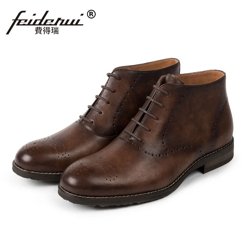 

British Man High-Top Cowboy Outdoor Riding Shoes Genuine Leather Round Toe Carved Men's Handmade Breathable Ankle Boots SS117