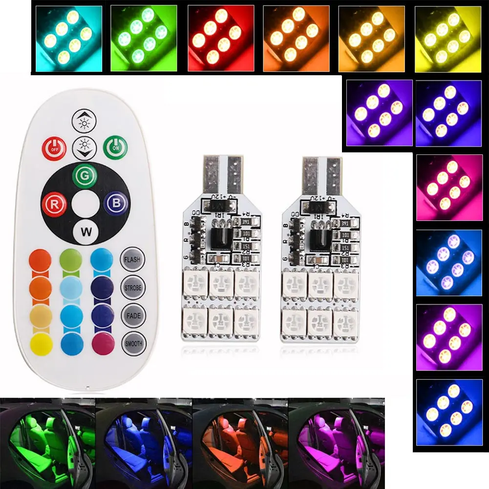 2pcs 5050 SMD RGB T10 Wedge Bulbs 6led 12led Car Reading Wedge Side Light Interior Lamp Remote Control