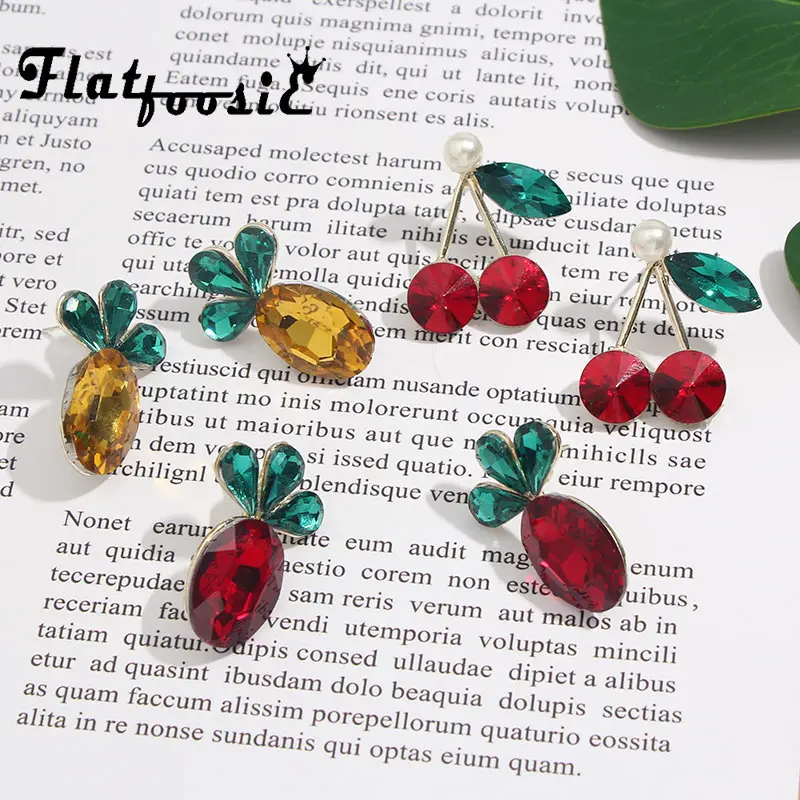 

Flatfoosie 2019 New Summer Fruit Earrings For Women Pineapple Cherry Crystal Stud Earrings Handmade Statement Girl Gifts Jewelry
