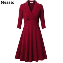 Messic Autumn A Line Knitted Dress Women 2018 Vintage Elegant 3 4 Sleeve Robe Femme Pleated