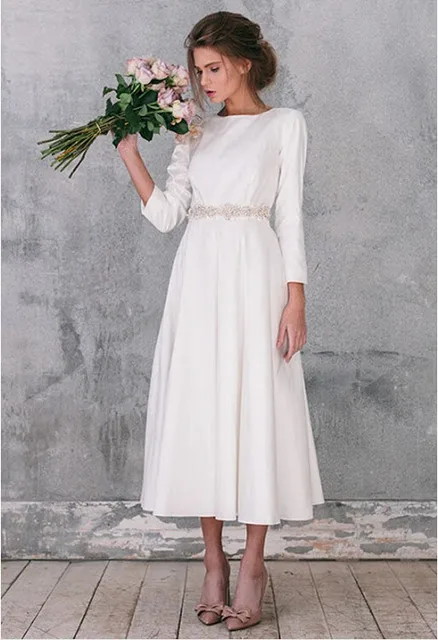 Vintage Style Short Wedding Dress Tea Length Scoop Long Sleeves Vintage Style Short Wedding Dress Tea Length Scoop Long Sleeves Little White Dresses 2017 Casamento