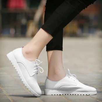 

2019 Spring Women Oxfords Flats Shoes Genuine Leather Pointed Toe Ladies moccasins lace up loafers white shoes Sneakers