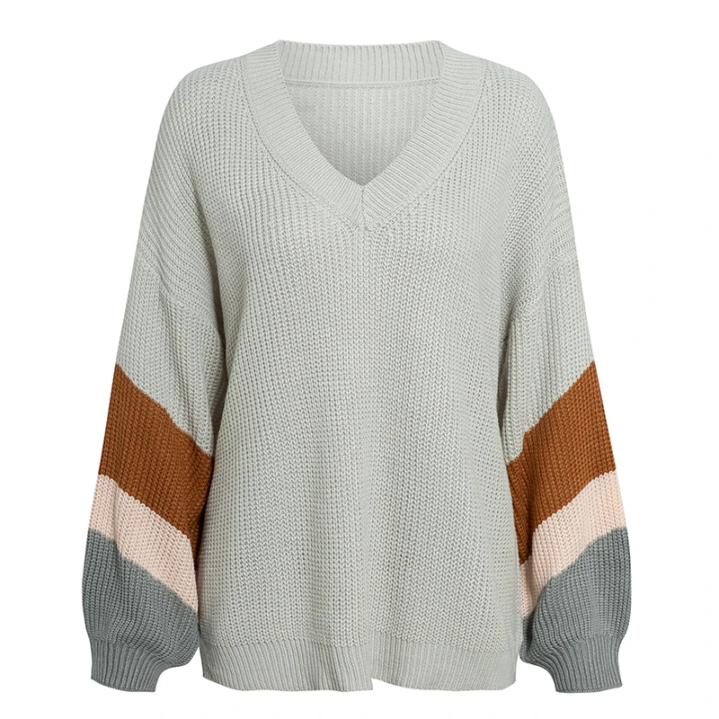 Sollinarry оверсайз серый лоскутный свитер Джемперы Женские шикарные вязаные свитера осень зима женские уличные пуловеры - Цвет: Серый