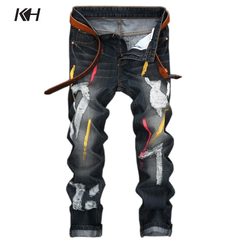 Land of Nostalgia Men/'s Casual Skinny Ripped Hole Trousers Denim Pants Jeans