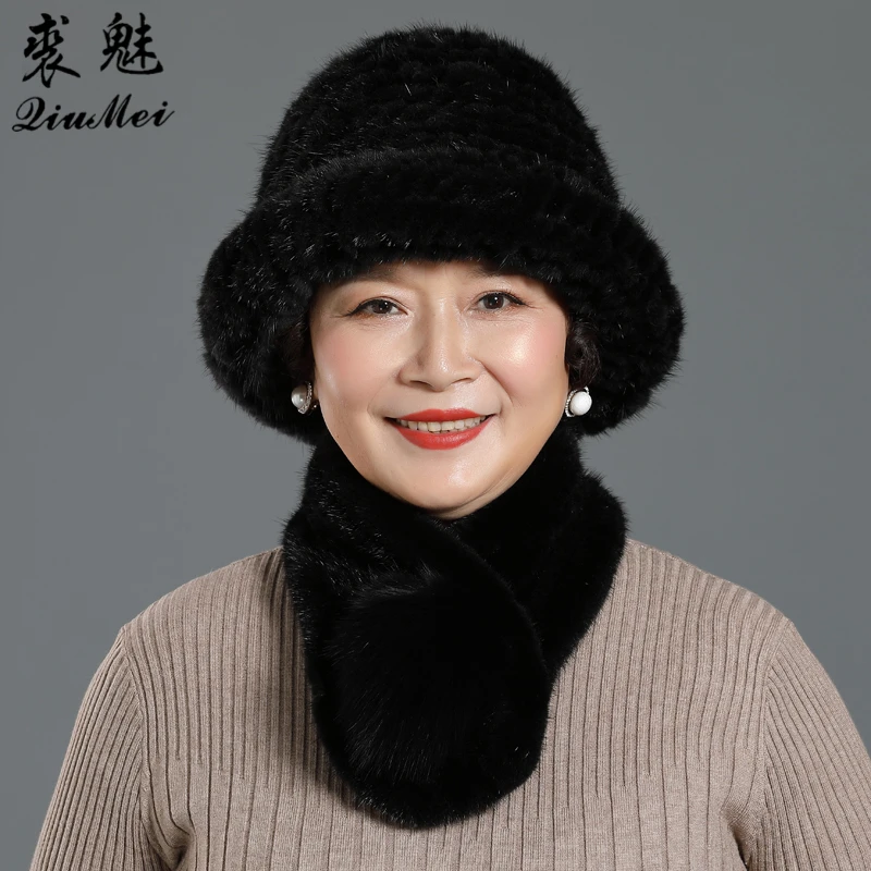 

2 Pieces Lady Winter Genuine Mink Fur Bucket Hats Scarves Set Knitted Women Warm Natural Mink Fur Caps With Fox Fur Ball Scarf
