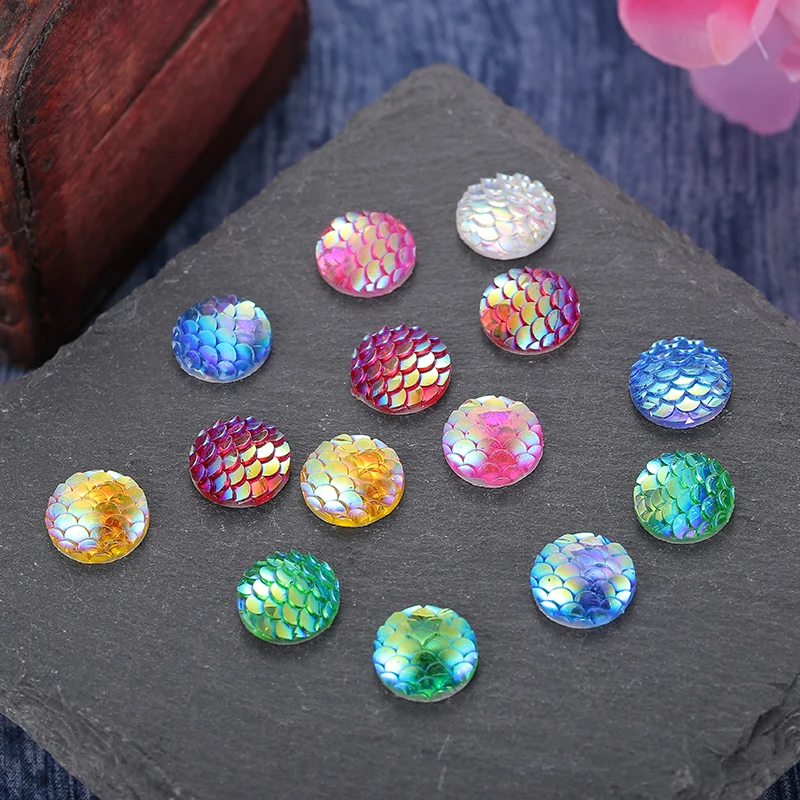

10/12mm 5pcs Fish Scale Twinkle Resin Beads Colourful Flat Back Round Loose Spacer Bead for Handmade Jewelry Making