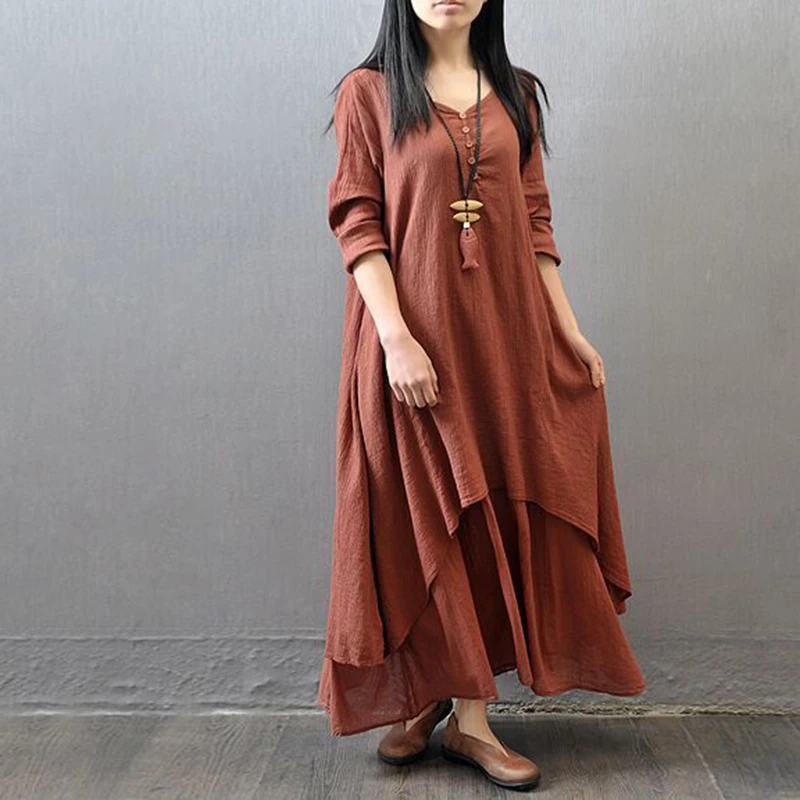 

Women Casual Loose Fake two-piece long literary loose long-sleeved cotton large swing linen Solid color dress