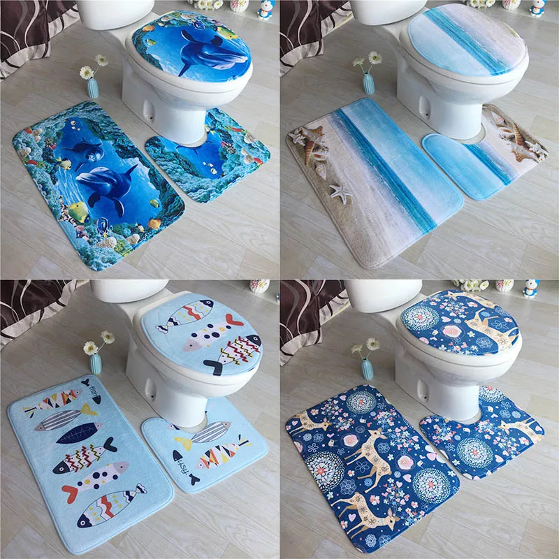 

3pcs/set New Cartoon Seascape Pattern Bathroom Set Carpet Absorbent Non-Slip Pedestal Rug Lid Toilet Cover Bath Mat