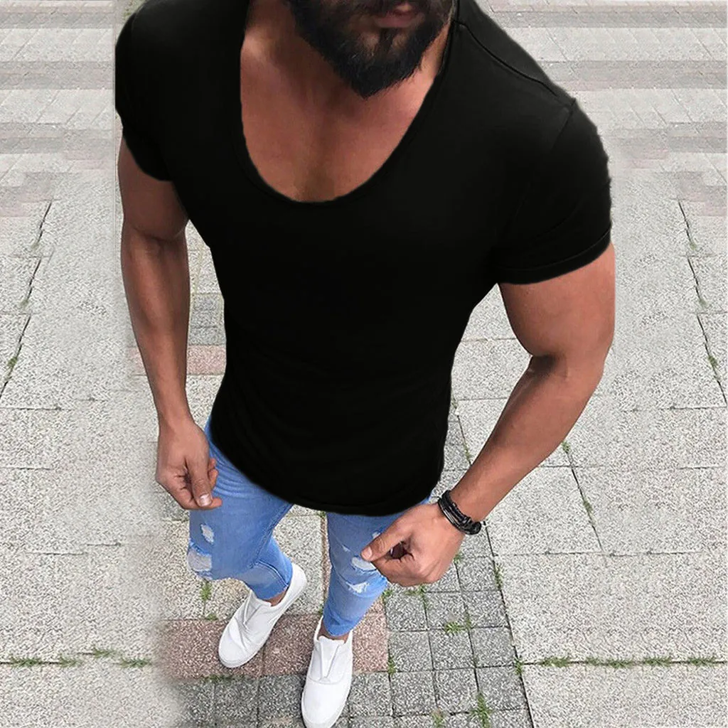 

Men Casual Short Sleeve Monotonous solid Muscle Fit Shirts Solid Tee Top Shirt Blouse camiseta hombre divertida camiseta gym #35